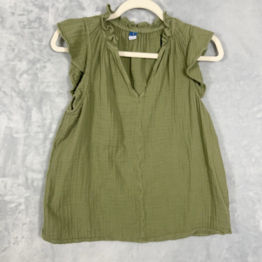 Old Navy Sleeveless Crinkle Gauze‎ Top Olive Green Ruffle Shoulder V Neck S